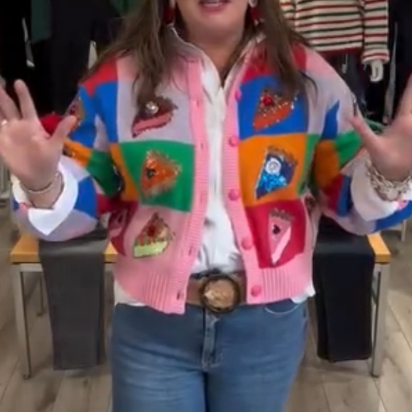 Queen Of Sparkles Rainbow Colorblock Piece Of Pie Button Up Sweater - Size M - Picture 2 of 9